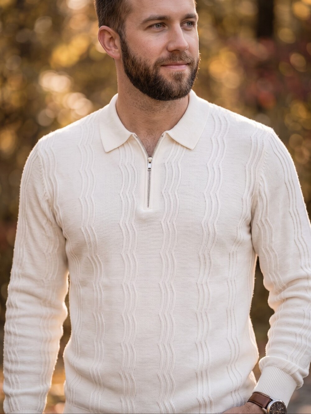 Topman Cream Textured Knit Quarter Zip Polo Old Money Grandpa Chic Prep Sweater